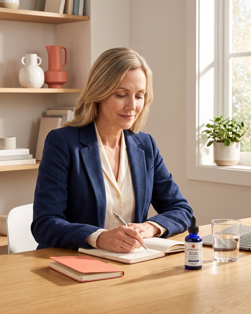 Illustrative lifestyle image of a woman planning her day beside Lumen Blue Drops