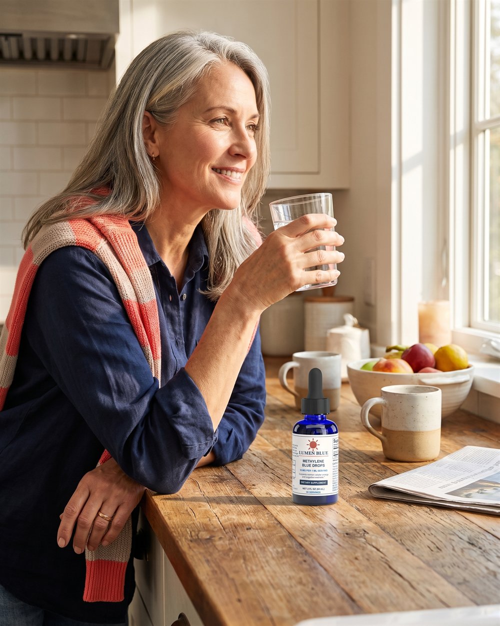 Illustrative lifestyle image of a woman enjoying a calm morning with Lumen Blue nearby